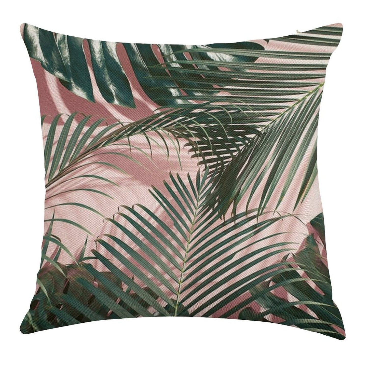 Pink Tropical Leaves Linen Throw Pillow Cover