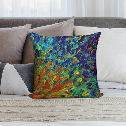 FOLLOW THE CURRENT 1, Bold Colorful Abstract Acrylic Painting Ocean Waves Blue Orange Splash Ombre Fine Art Soft Decorative Cover Throw Pillow
