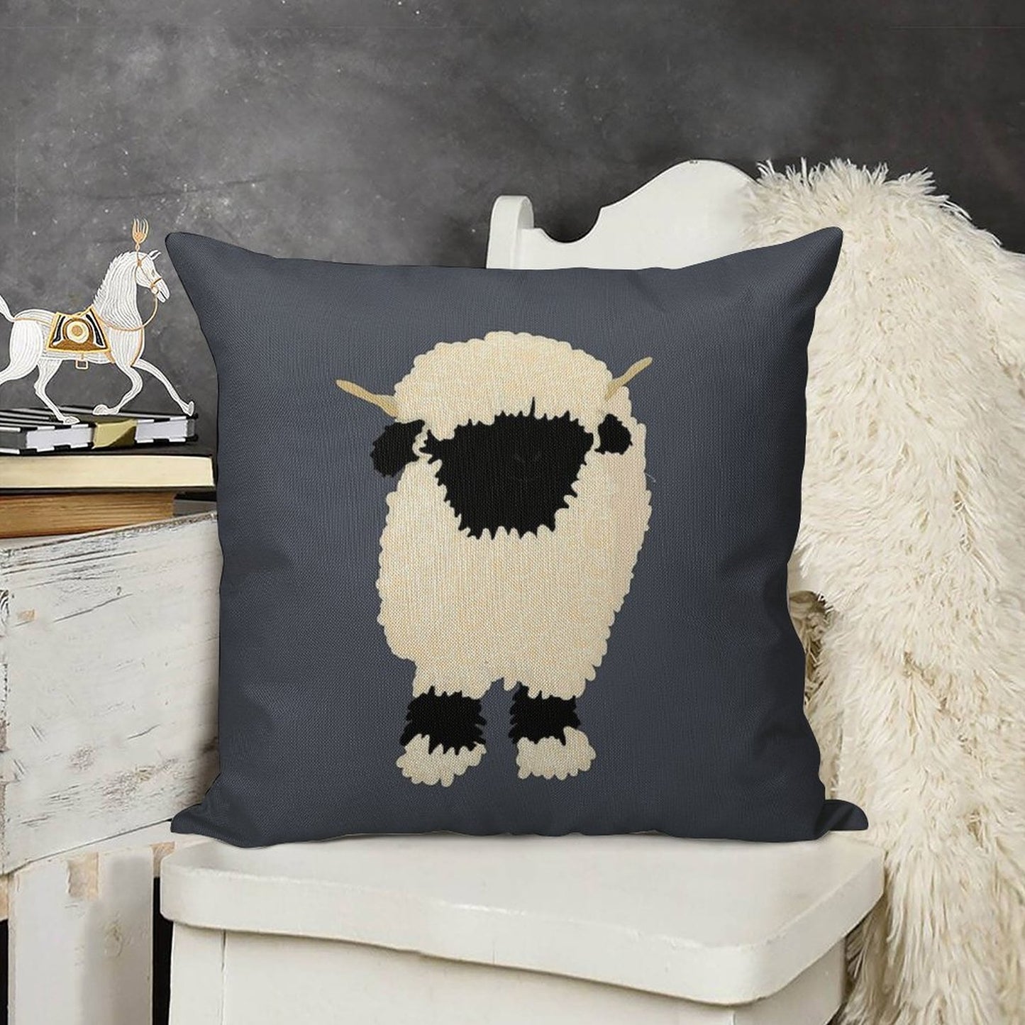 Black Nose Valais Sheep Linen Throw Pillow Cover