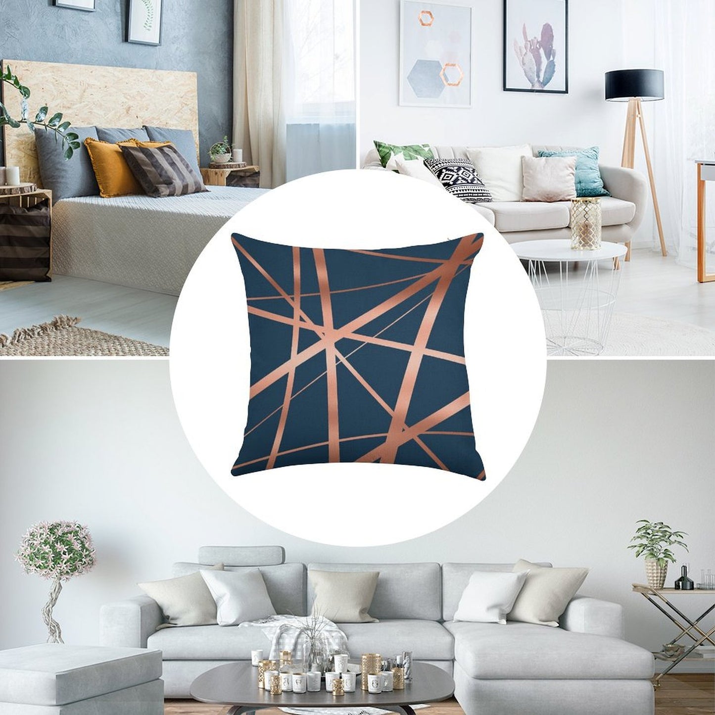 Navy Rose Gold Luxe Linen Throw Pillow Cover