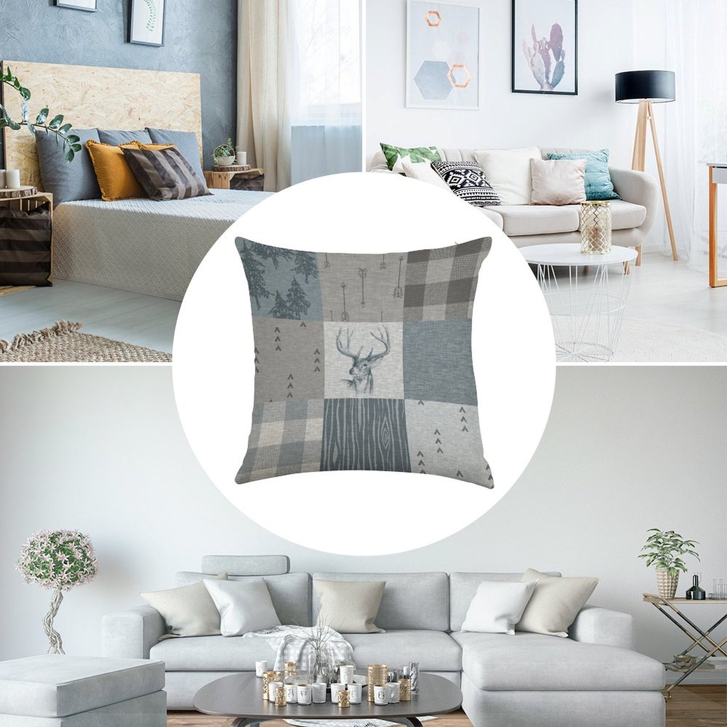 Deer Patchwork - Rustic Blue And Grey Linen Throw Pillow Cover