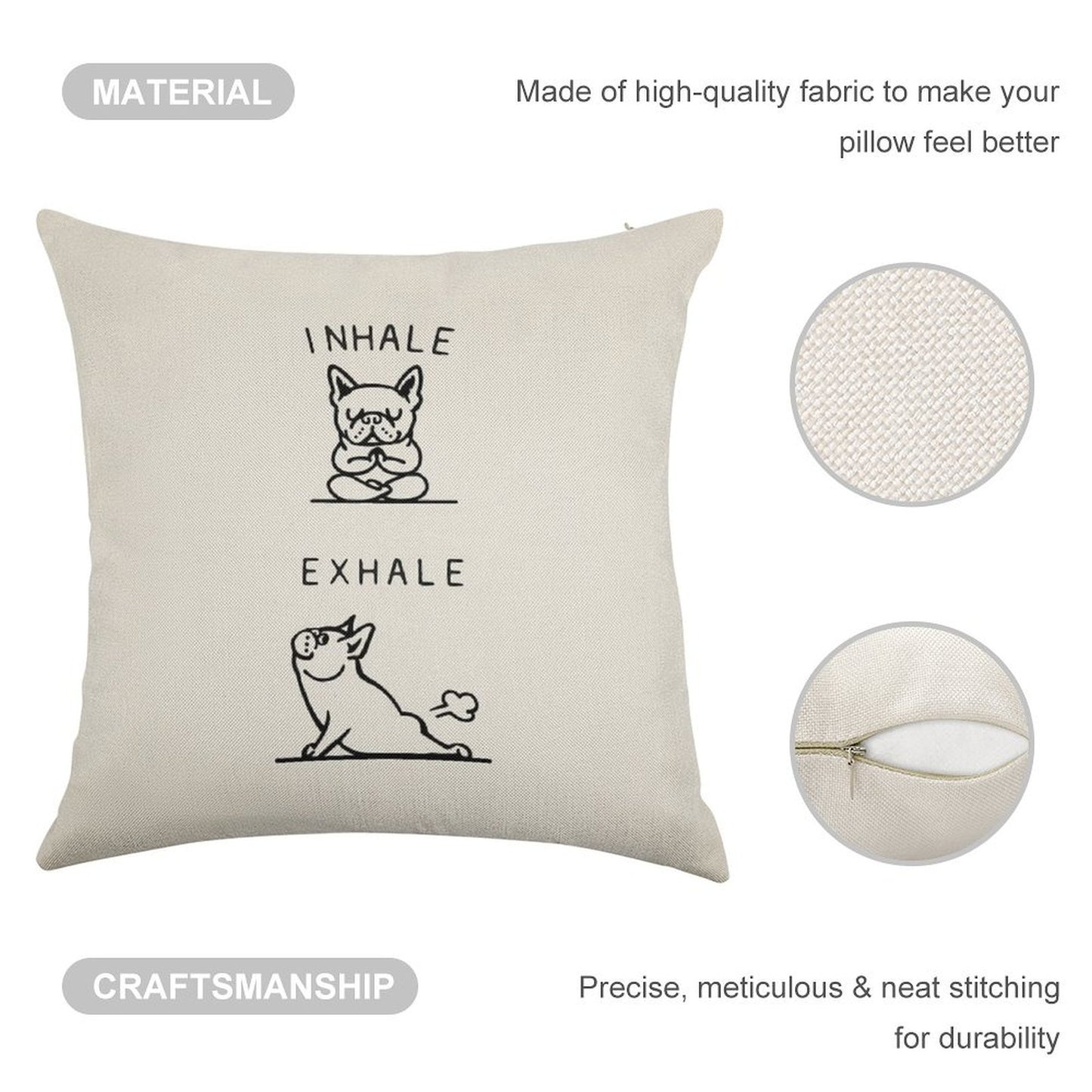 Inhale Exhale Frenchie Linen Throw Pillow Cover