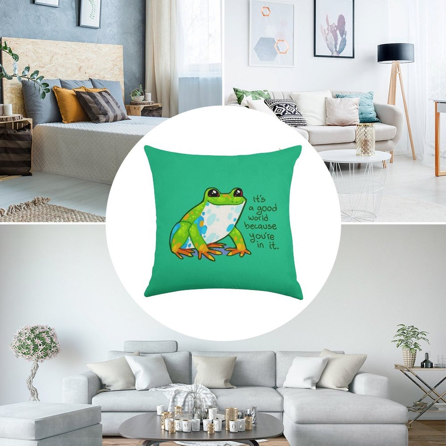 It's A Good World Because You're in It Frog Linen Throw Pillow Cover
