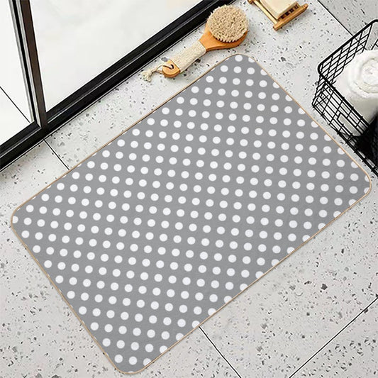White Polka Dots on Gray Background Bath Mat