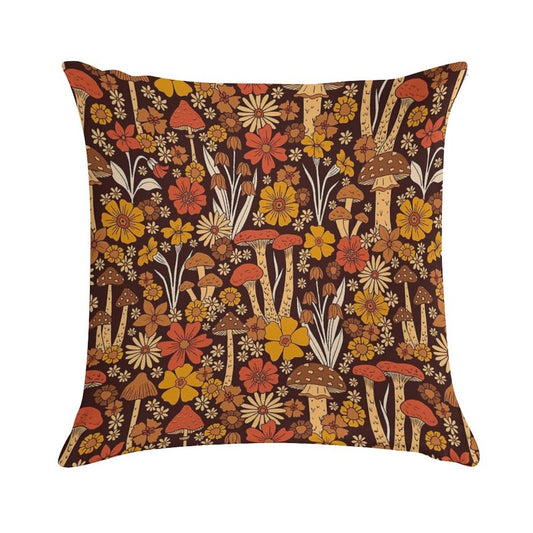 Retro 1970s Brown & Orange Mushrooms & Flowers Soft Anti-Pilling Throw Pillow