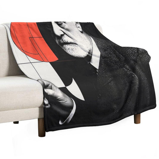 Psychoanalysis Portrait Art – Freud with Abstract Red Geometry Throw Blanket