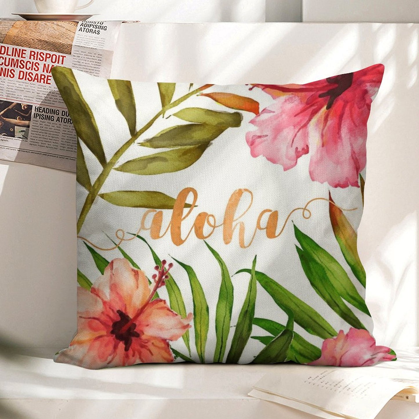 Aloha Tropical Hawaiian Floral Watercolor Linen Throw Pillow Cover