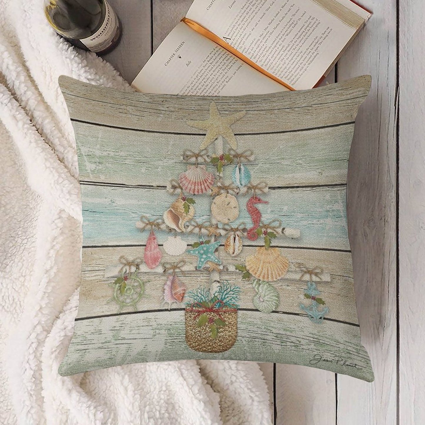 Coastal Christmas A Linen Throw Pillow Cover