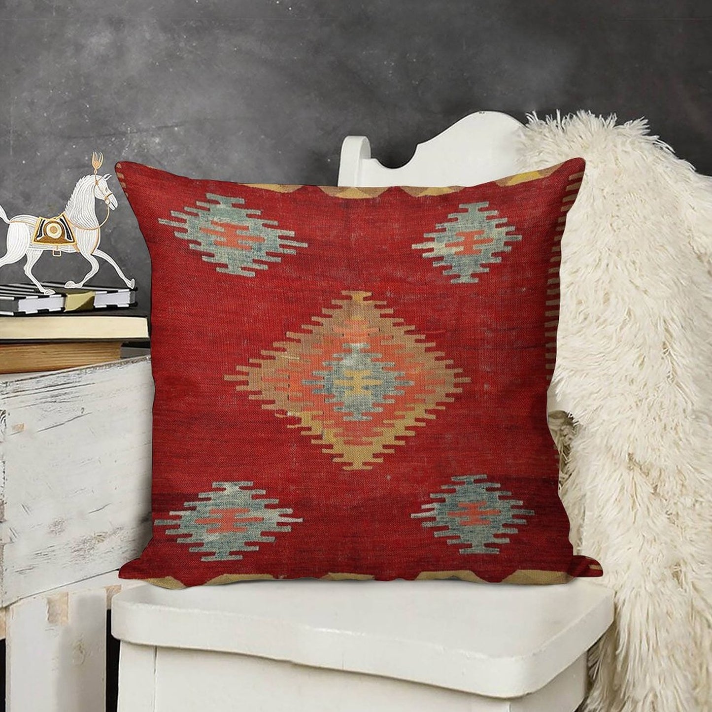 Çal Antique Turkish Kilim Print Linen Throw Pillow Cover