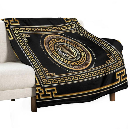 Greek Key Meander Black Gold Large Throw Blanket
