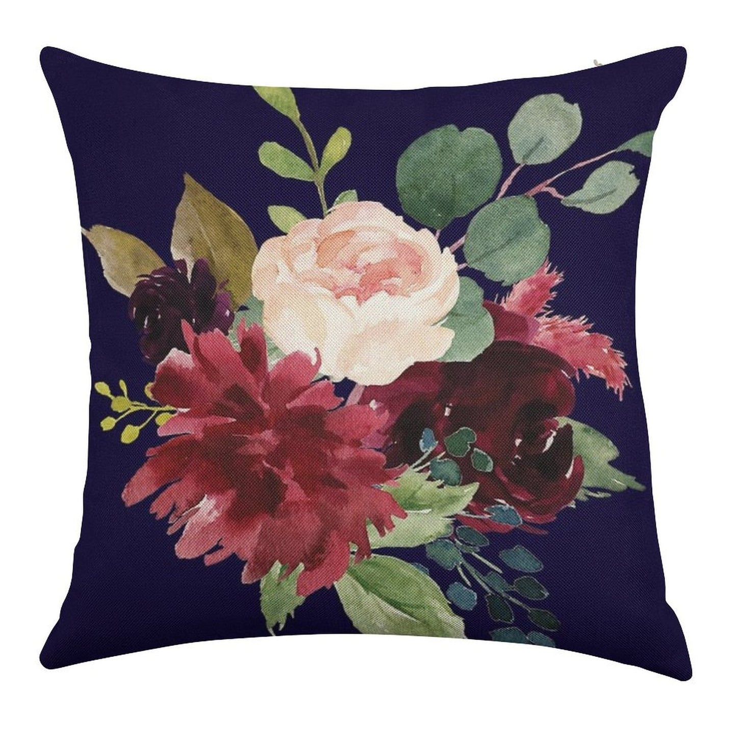Navy, Burgundy And Blush Floral Art with Eucalyptus Linen Throw Pillow Cover