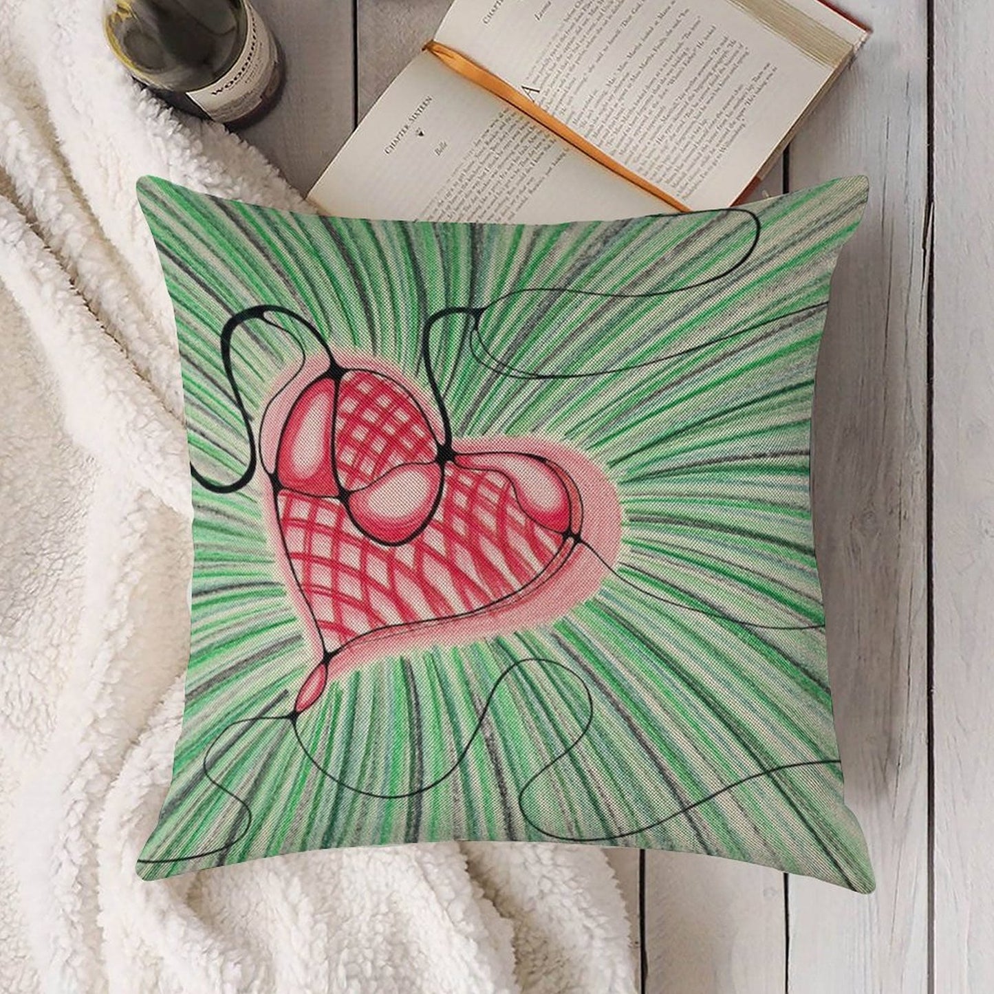 Heart Design with Green Background Linen Throw Pillow Cover