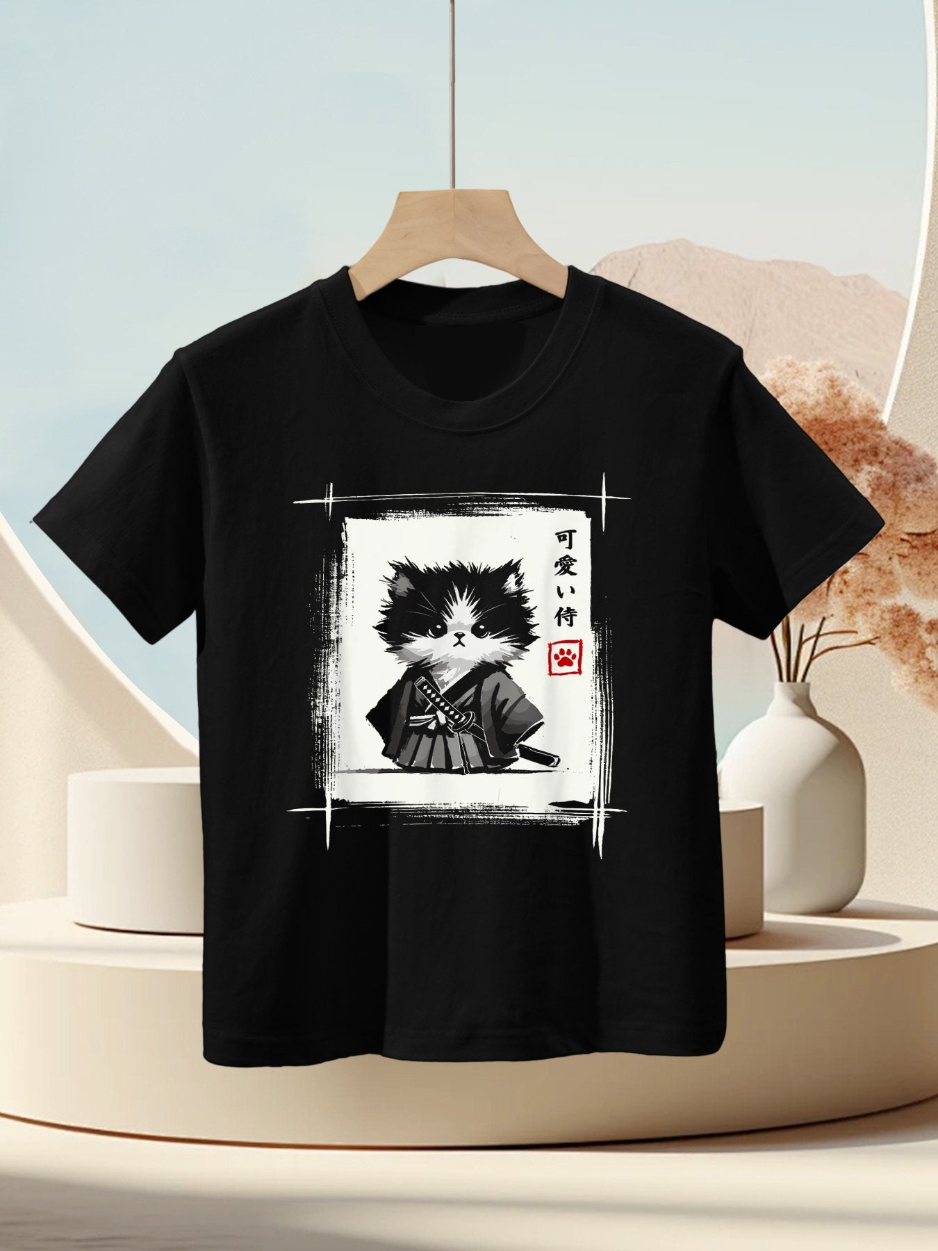 Samurai Cat Japanese Art Sumi-e Novelty Kawaii Funny Cat Kids T-Shirt