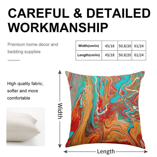 Red Orange Teal Paint Pour Linen Throw Pillow Cover