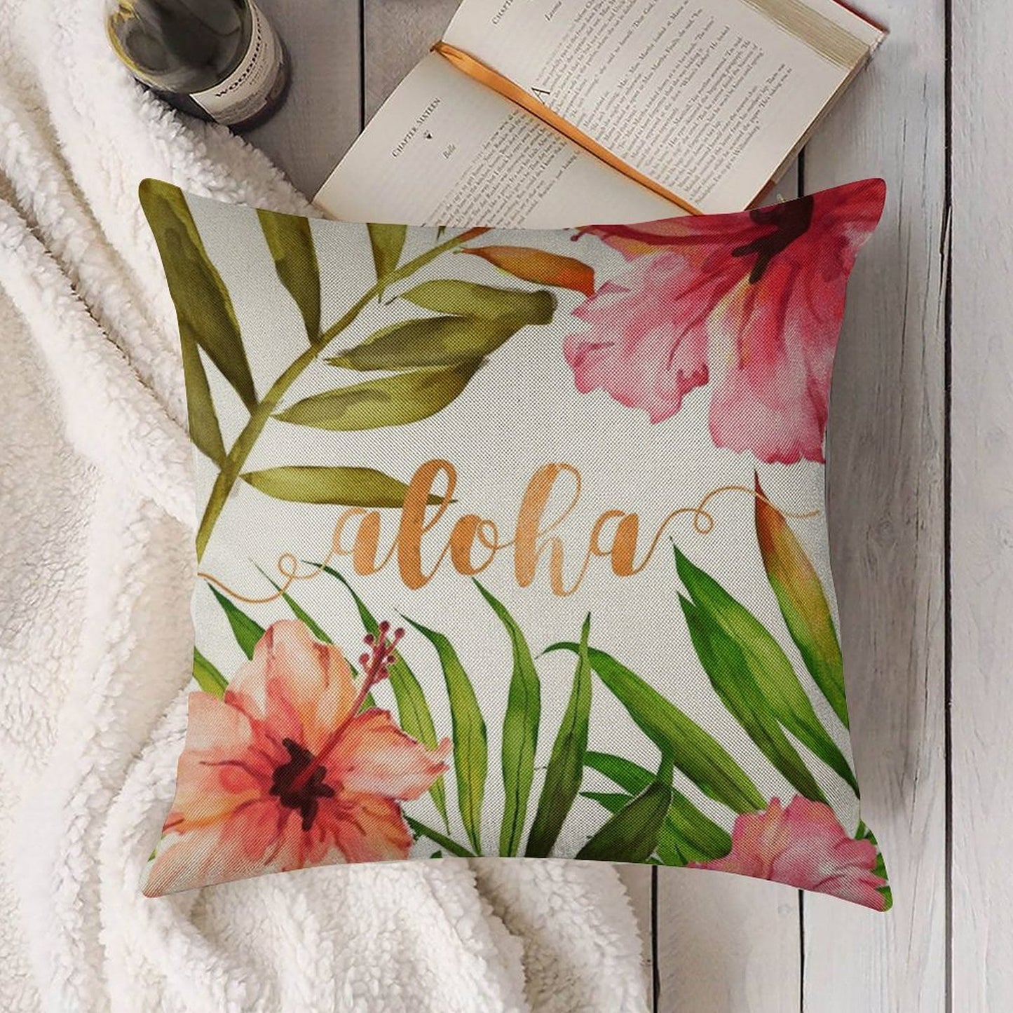 Aloha Tropical Hawaiian Floral Watercolor Linen Throw Pillow Cover