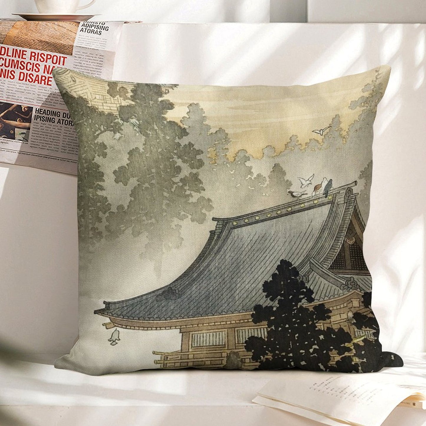 Pagoda - Japanese Art 1900s Linen Throw Pillow Cover