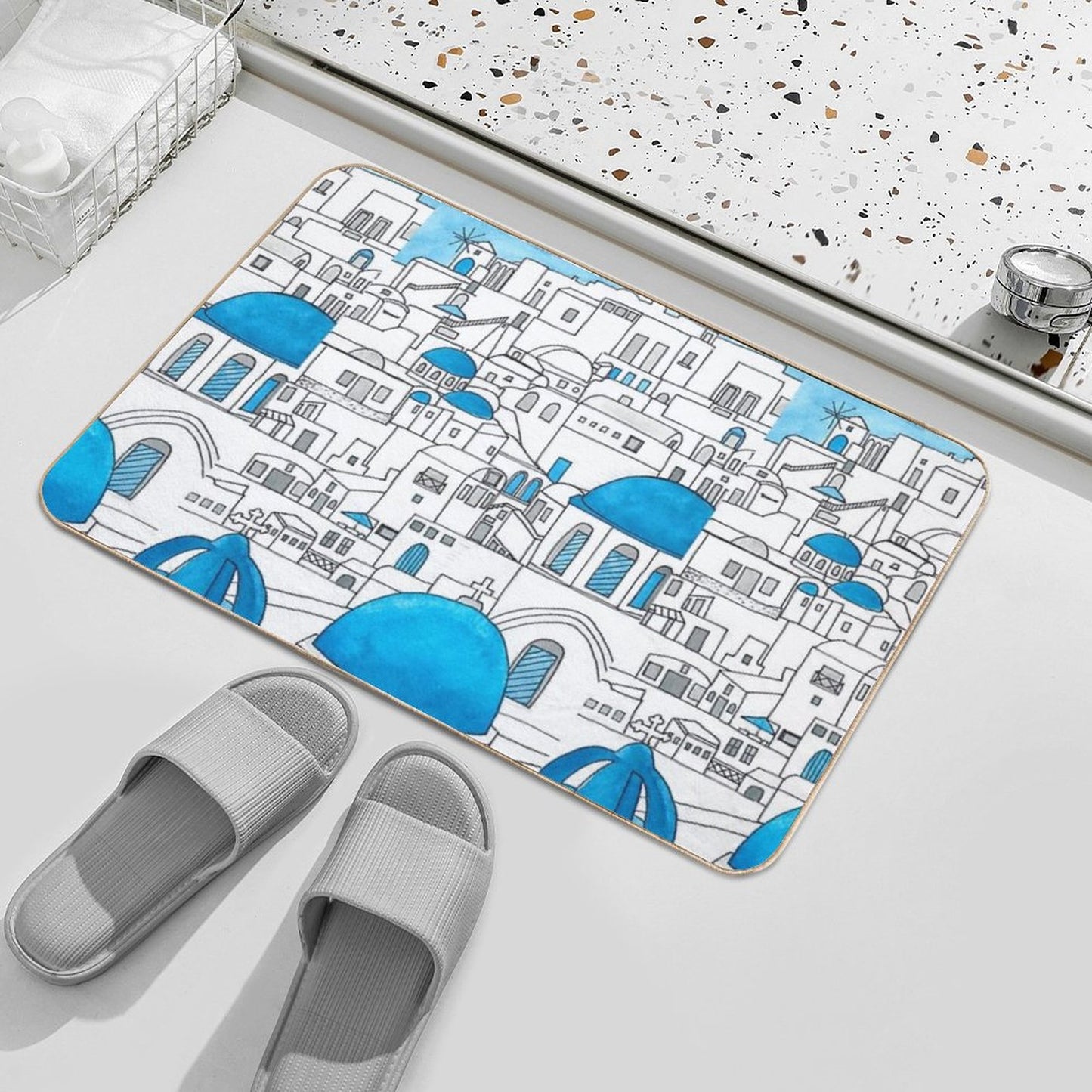 Santorini Blue And White Paradise Bath Mat