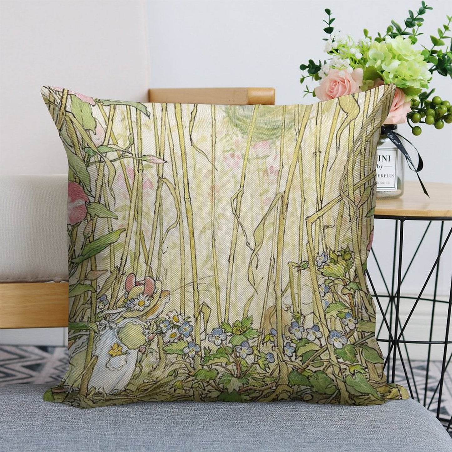 Primrose Gathering Flowers Linen Throw Pillow Cover