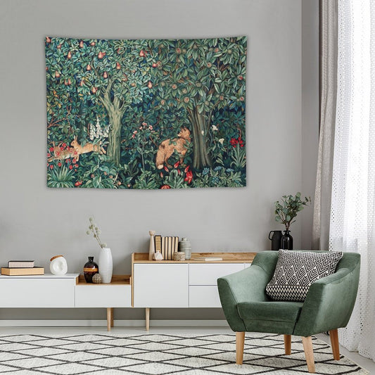 GREENERY, FOREST ANIMALS Fox And Hares Blue Green Floral Tapestry Tapestry