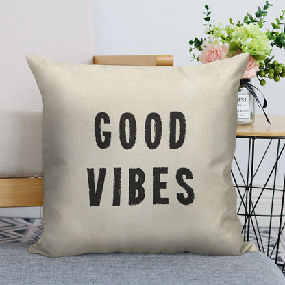 Grungy Distressed Ink Good Vibes  Black on Off-White Linen Throw Pillow Cover