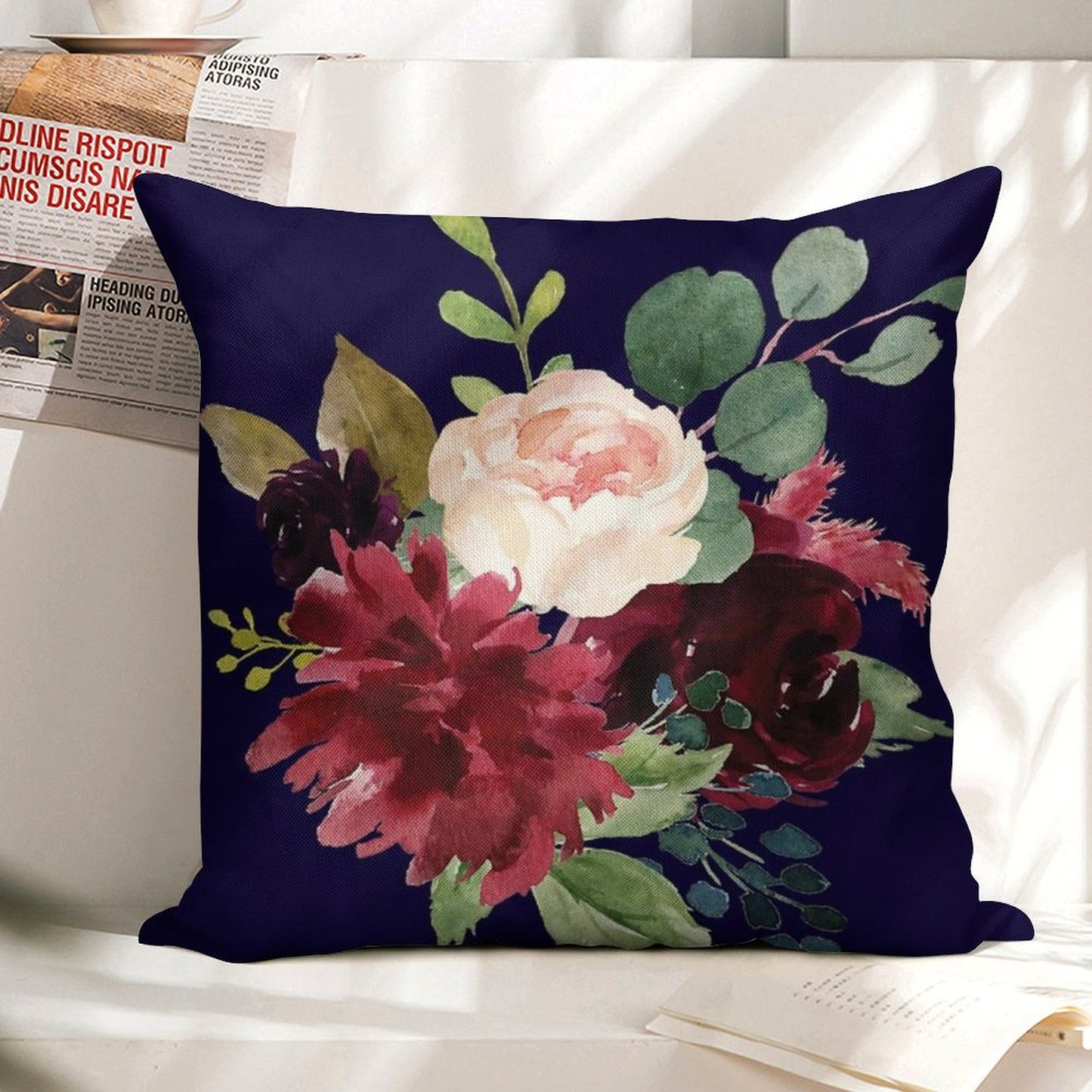 Navy, Burgundy And Blush Floral Art with Eucalyptus Linen Throw Pillow Cover