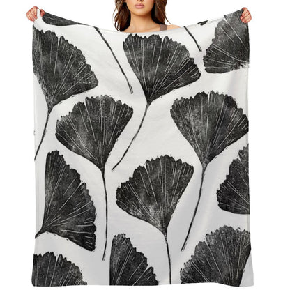 Ginkgo Biloba, Lino Cut Nature Inspired Leaf Pattern Throw Blanket