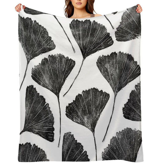 Ginkgo Biloba, Lino Cut Nature Inspired Leaf Pattern Throw Blanket