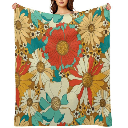 Red, Orange, Turquoise & Brown Retro Floral Pattern Throw Blanket