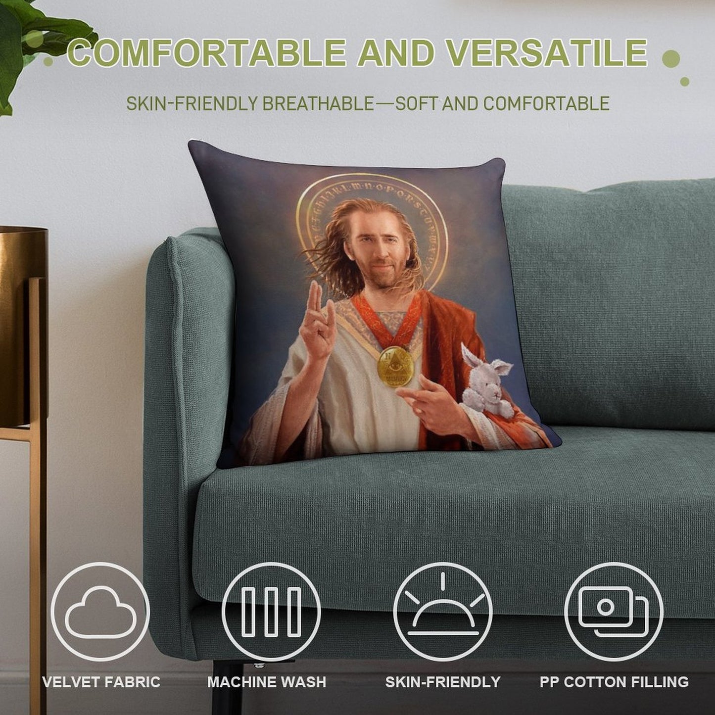 Nicolas Cage, Saint Nicolas of Cage, Nic Cage Original Religious Painting Soft Washable Throw Pillow