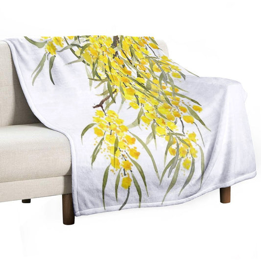 Hand Painted Golden Wattle Flower Watercolor Throw Blanket