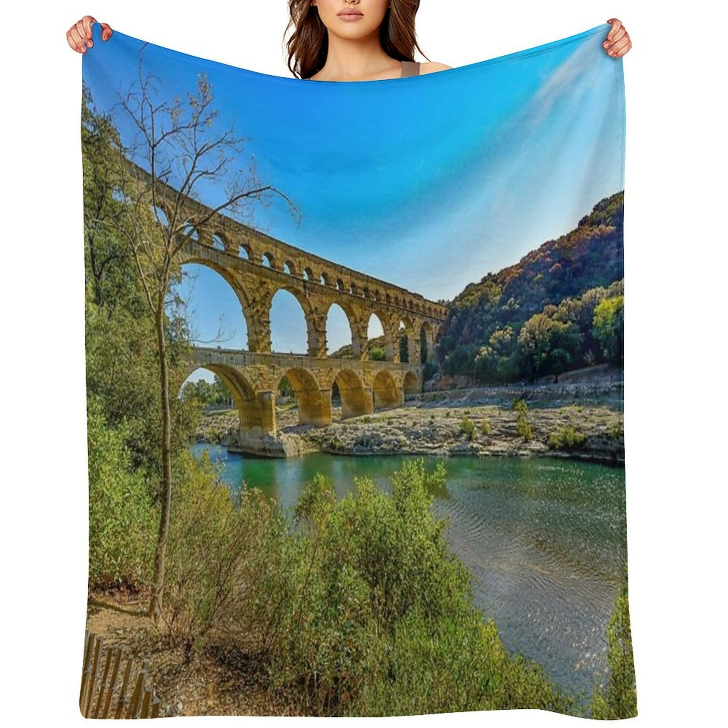 Roman Aqueduct Ruins, Pont Du Gard, Provence, France Color Photograph  Photography Throw Blanket