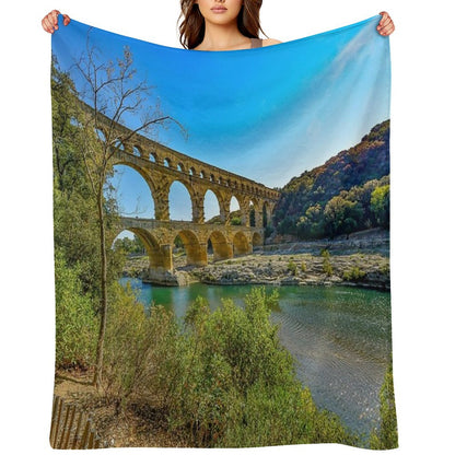 Roman Aqueduct Ruins, Pont Du Gard, Provence, France Color Photograph  Photography Throw Blanket