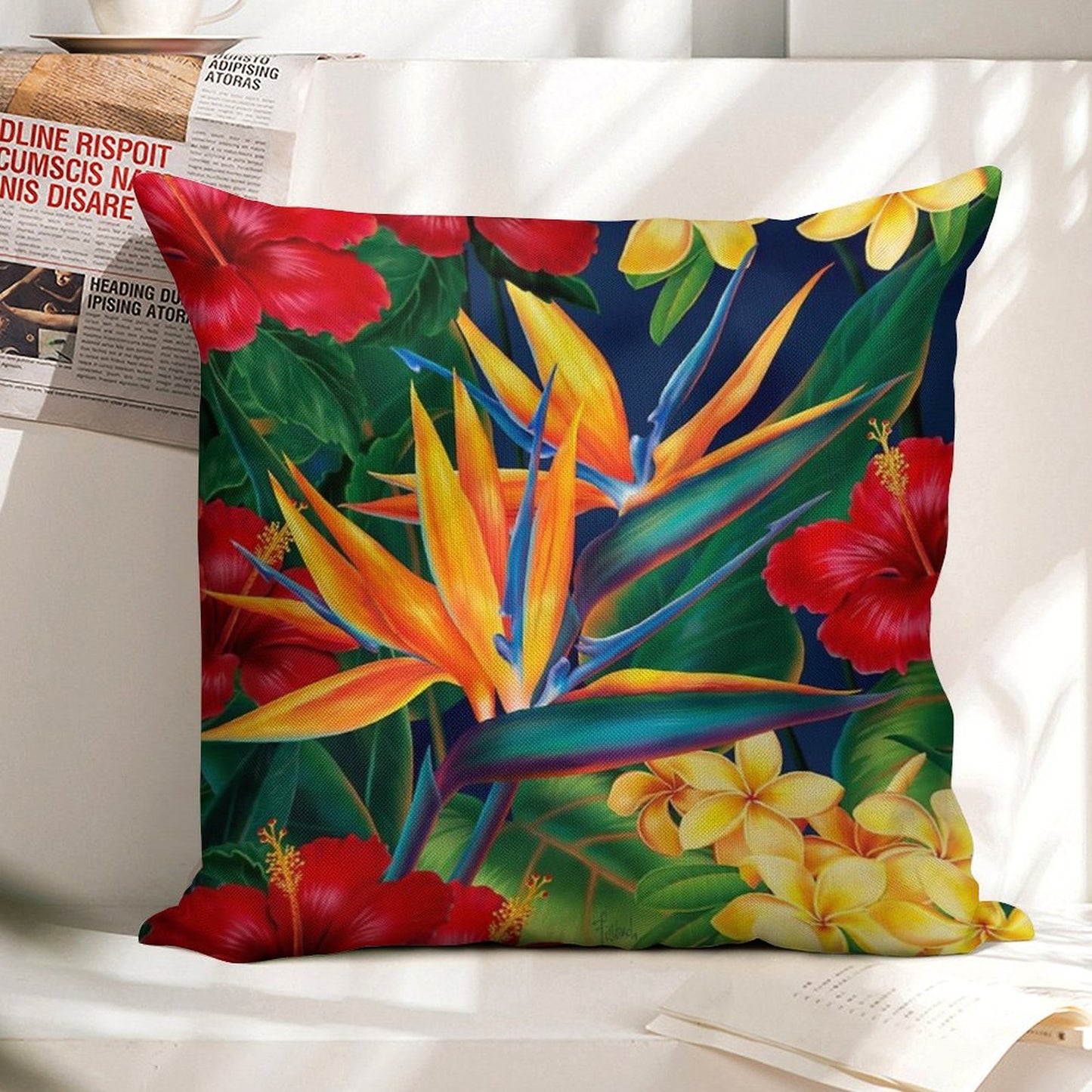 Tropical Paradise Hawaiian Birds of Paradise Illustration Linen Throw Pillow Cover