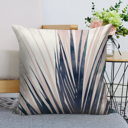 Contemporary Palm Leaf in Navy Blue And Blush Pink Linen Throw Pillow Cover