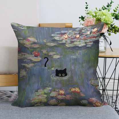 Cat Monet Waterlily Linen Throw Pillow Cover