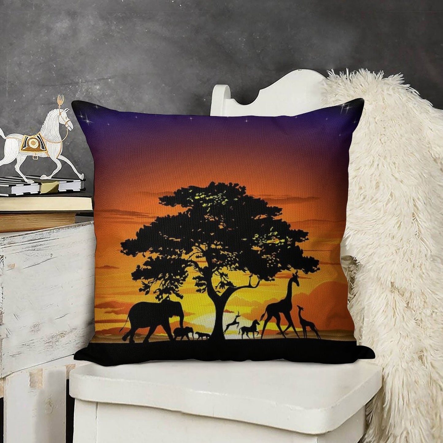 Wild Animals on African Savanna Sunset Linen Throw Pillow Cover
