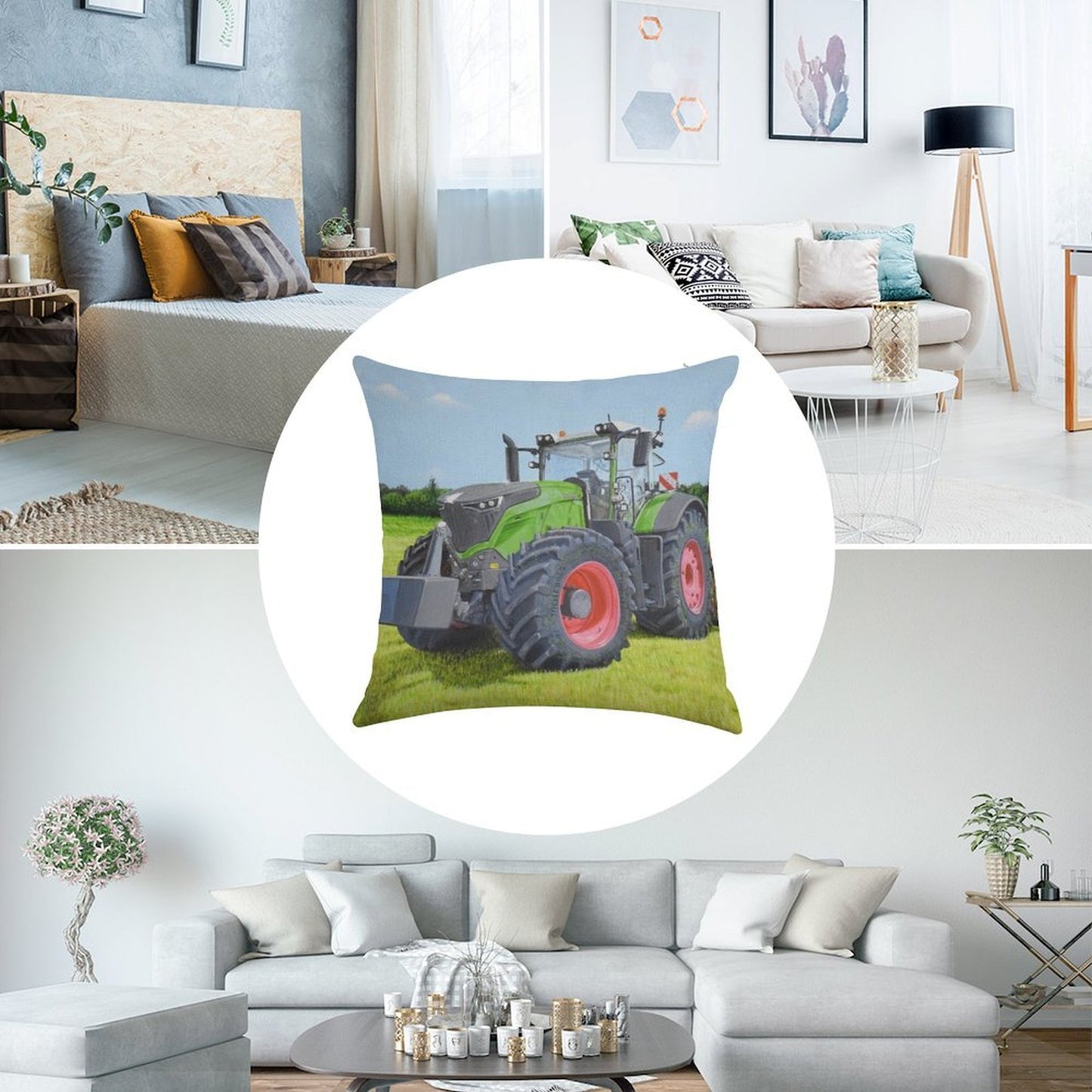 Green Tractor in Field Linen Throw Pillow Cover