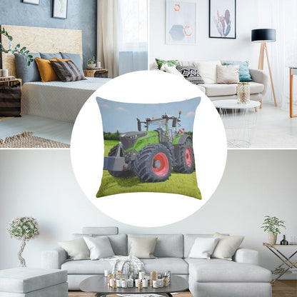 Green Tractor in Field Linen Throw Pillow Cover