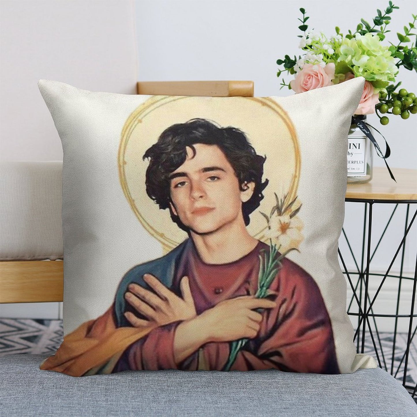 Timothee Chalamet SaintGod Sticker Linen Throw Pillow Cover