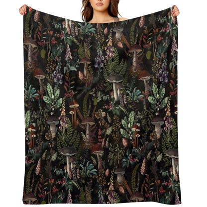 Vintage Mysterious Mushrooms Forest Botanical Botanical Night Garden Pattern NightGarden Throw Blanket