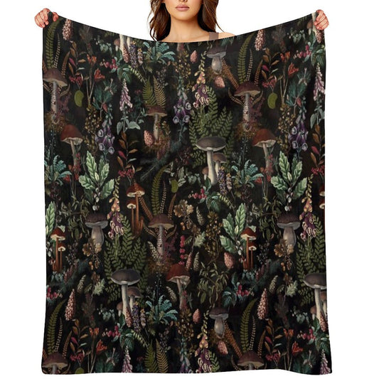 Vintage Mysterious Mushrooms Forest Botanical Botanical Night Garden Pattern NightGarden Throw Blanket