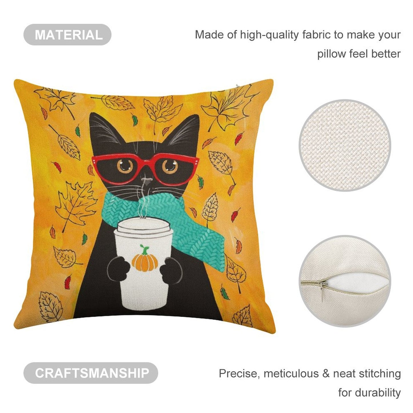 Autumn Pumpkin Coffee Cat Linen Throw Pillow Cover