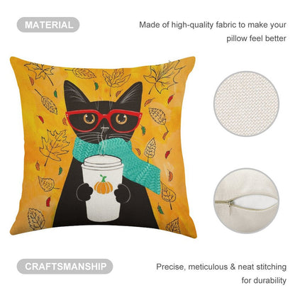 Autumn Pumpkin Coffee Cat Linen Throw Pillow Cover