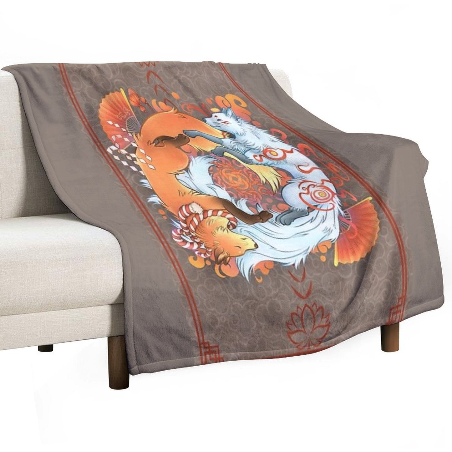 Kitsune Inari Fox Yin Yang Throw Blanket