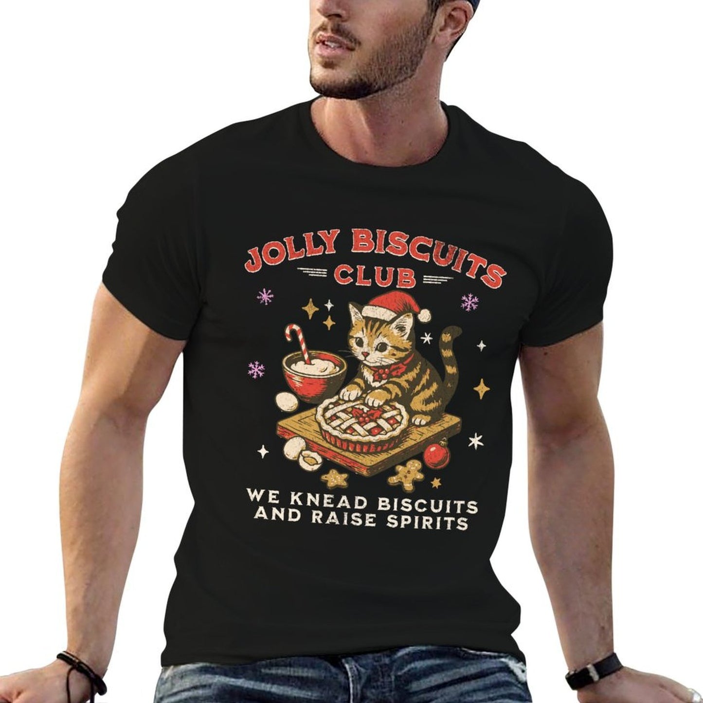Jolly Biscuits Club  Vintage Christmas Cat Baker Design  Summer-ready Fabric T-Shirt