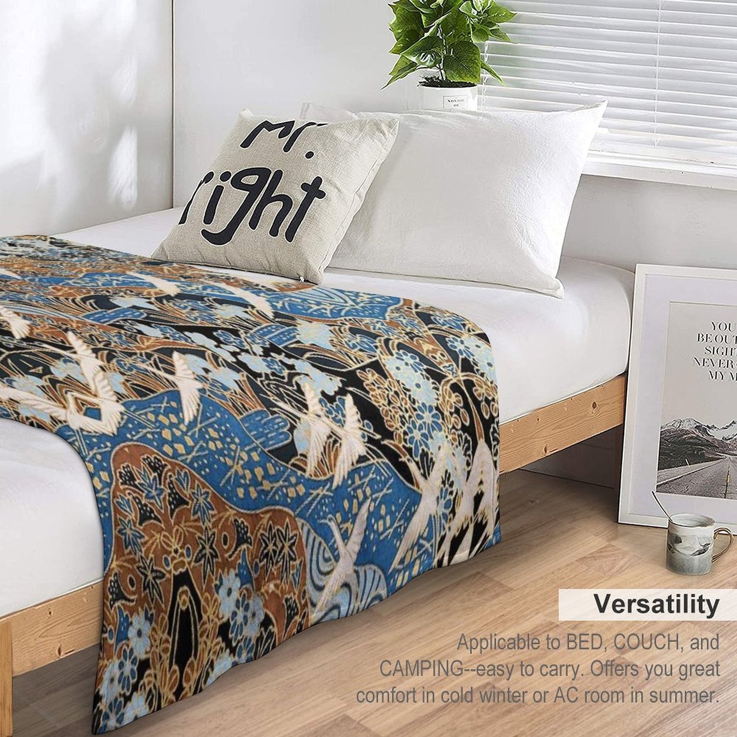 FLYING WHITE CRANES ON BLUE WATER AND SPRING FLOWERS  Antique Japanese Floral Throw Blanket