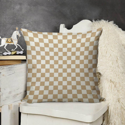 White And Tan Brown Checkerboard Linen Throw Pillow Cover