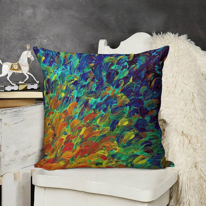 FOLLOW THE CURRENT 1, Bold Colorful Abstract Acrylic Painting Ocean Waves Blue Orange Splash Ombre Fine Art Linen Throw Pillow Cover