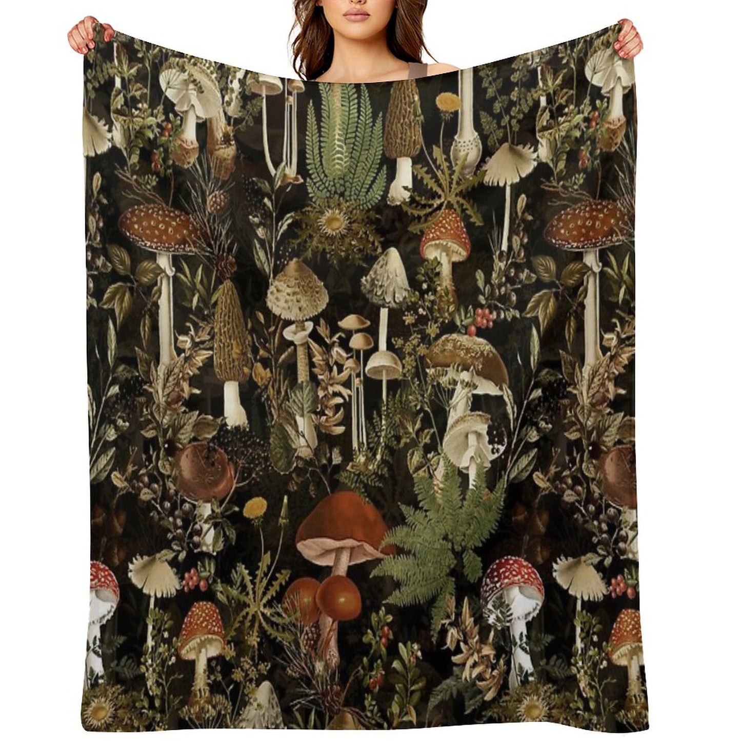 Vintage Midnight Mushrooms Forest Botanical Night Garden Pattern - Black Nightgarden Throw Blanket