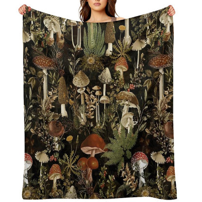 Vintage Midnight Mushrooms Forest Botanical Night Garden Pattern - Black Nightgarden Throw Blanket